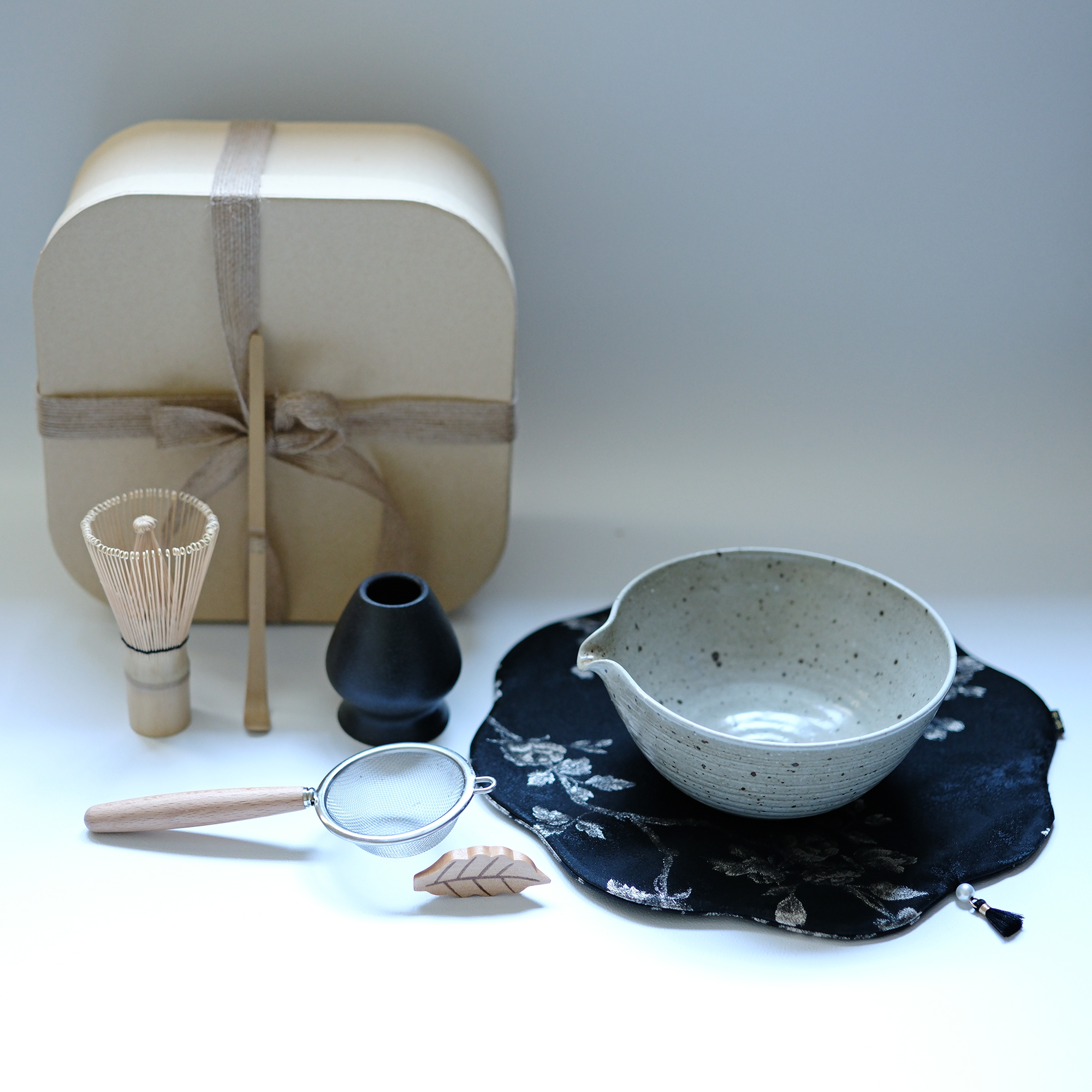Handmade Rough Pottery Matcha Bowl & Tea Ceremony Set, Handcrafted and Glazed, with Natural white Bamboo Color Utensils, ideal as Gift Set, Gift Ideas
